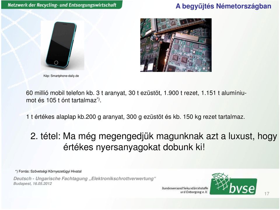 1 t értékes alaplap kb.200 g aranyat, 300 g ezüstöt és kb. 150 kg rezet tartalmaz. 2.