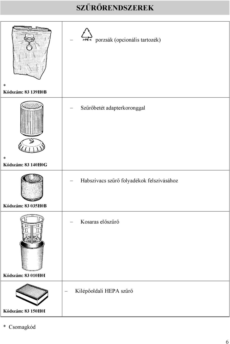 folyadékok felszívásához Kódszám: 83 035H0B Kosaras előszűrő