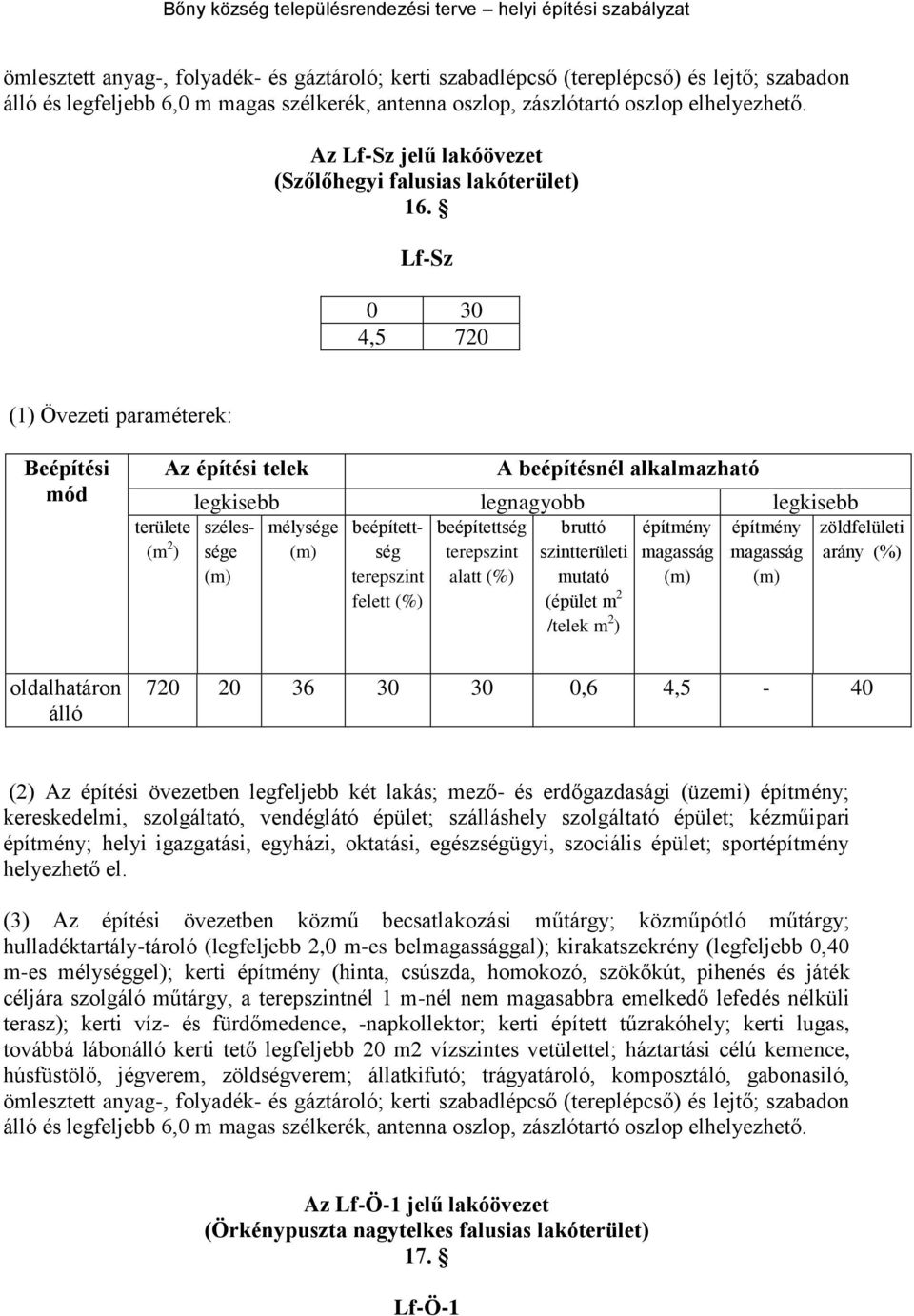 Lf-Sz 0 30 4,5 720 oldalhatáron 720 20 36 30 30 0,6 4,5-40 (2) Az építési övezetben legfeljebb két lakás; mező- és erdőgazdasági (üzemi) ; kereskedelmi, szolgáltató, vendéglátó épület; szálláshely