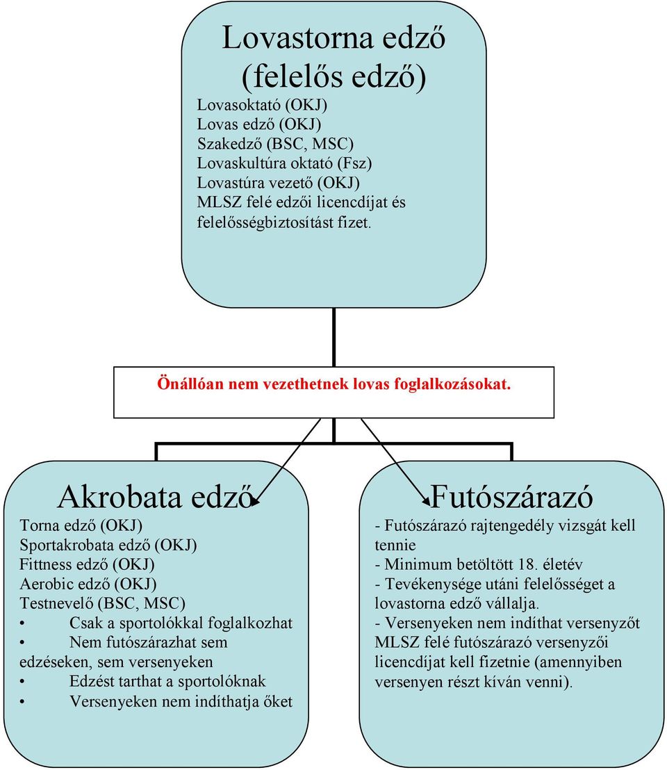 Akrobata edző Torna edző (OKJ) Sportakrobata edző (OKJ) Fittness edző (OKJ) Aerobic edző (OKJ) Testnevelő (BSC, MSC) Csak a sportolókkal foglalkozhat Nem futószárazhat sem edzéseken, sem versenyeken