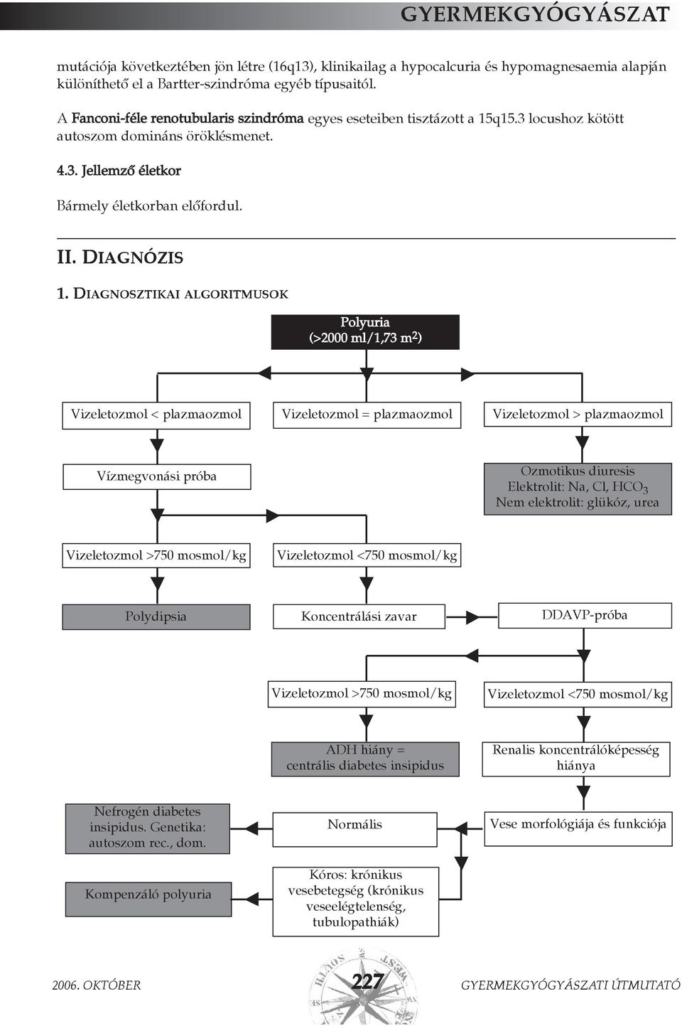 DIAGNOSZTIKAI ALGORITMUSOK Polyuria (>2000 ml/1,73 m 2 ) Vizeletozmol < plazmaozmol Vizeletozmol = plazmaozmol Vizeletozmol > plazmaozmol Vízmegvonási próba Ozmotikus diuresis Elektrolit: Na, Cl, HCO