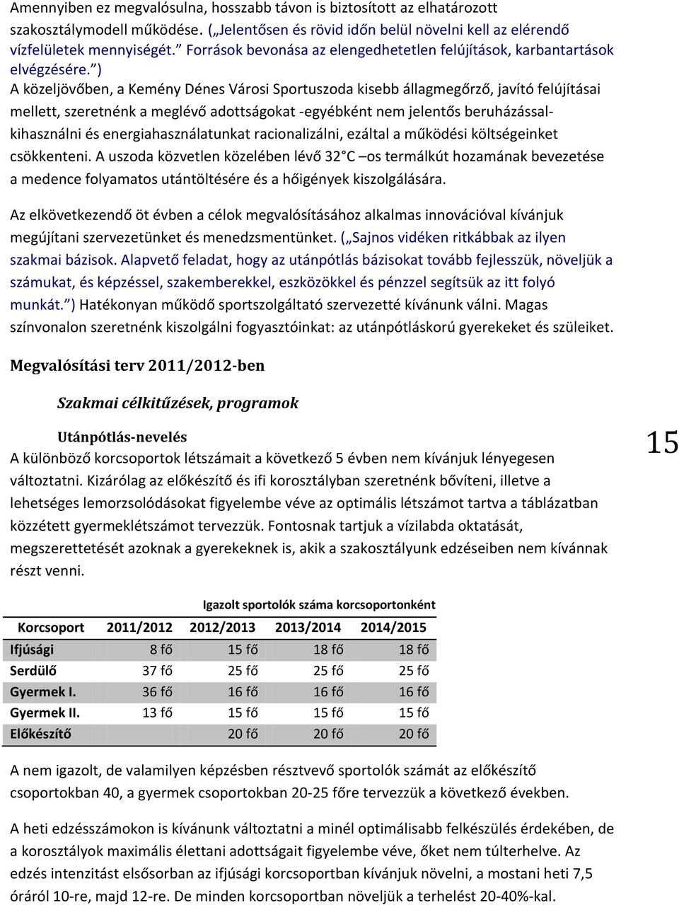 ) A közeljövőben, a Kemény Dénes Városi Sportuszoda kisebb állagmegőrző, javító felújításai mellett, szeretnénk a meglévő adottságokat -egyébként nem jelentős beruházássalkihasználni és