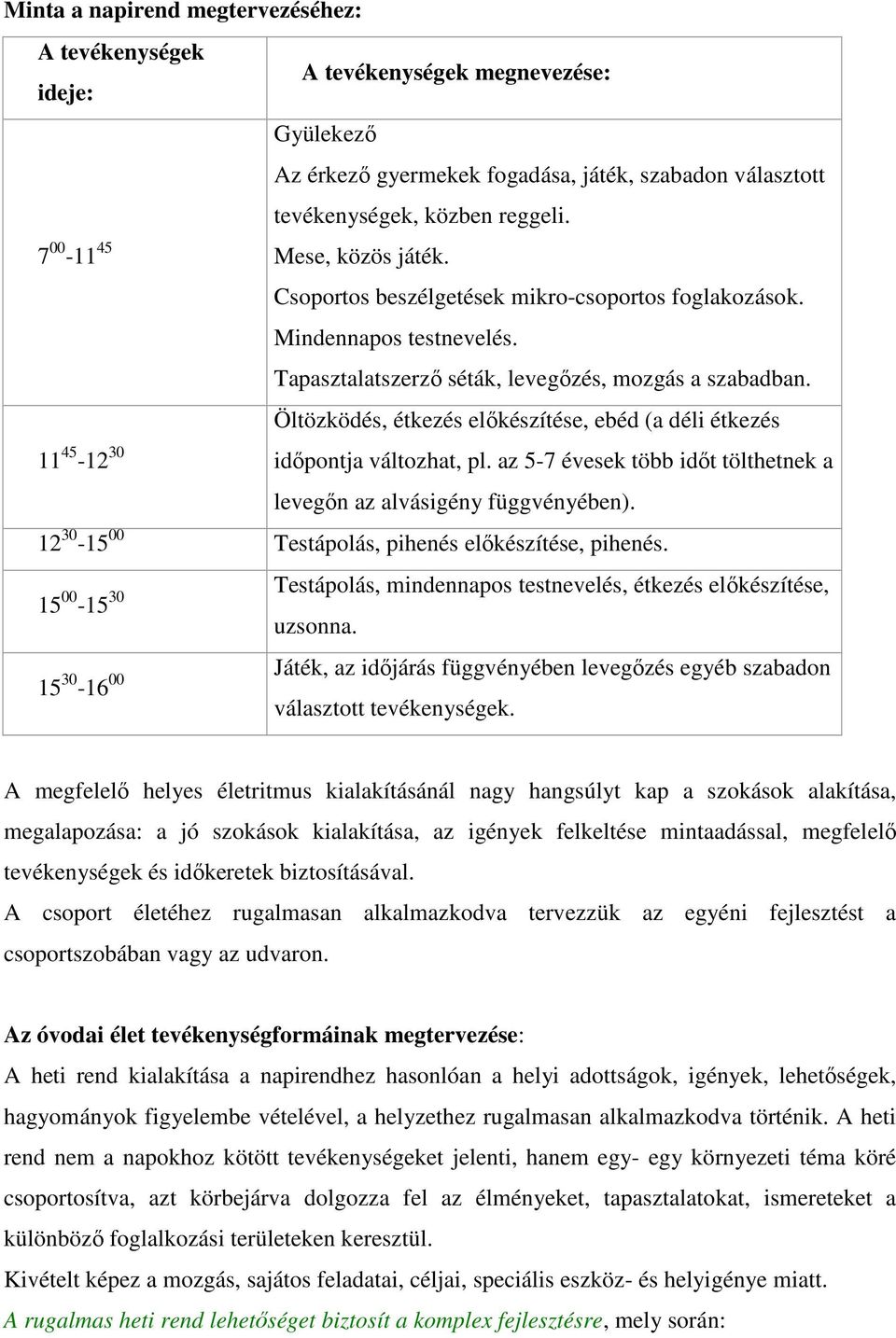 11 45-12 30 Öltözködés, étkezés előkészítése, ebéd (a déli étkezés időpontja változhat, pl. az 5-7 évesek több időt tölthetnek a levegőn az alvásigény függvényében).