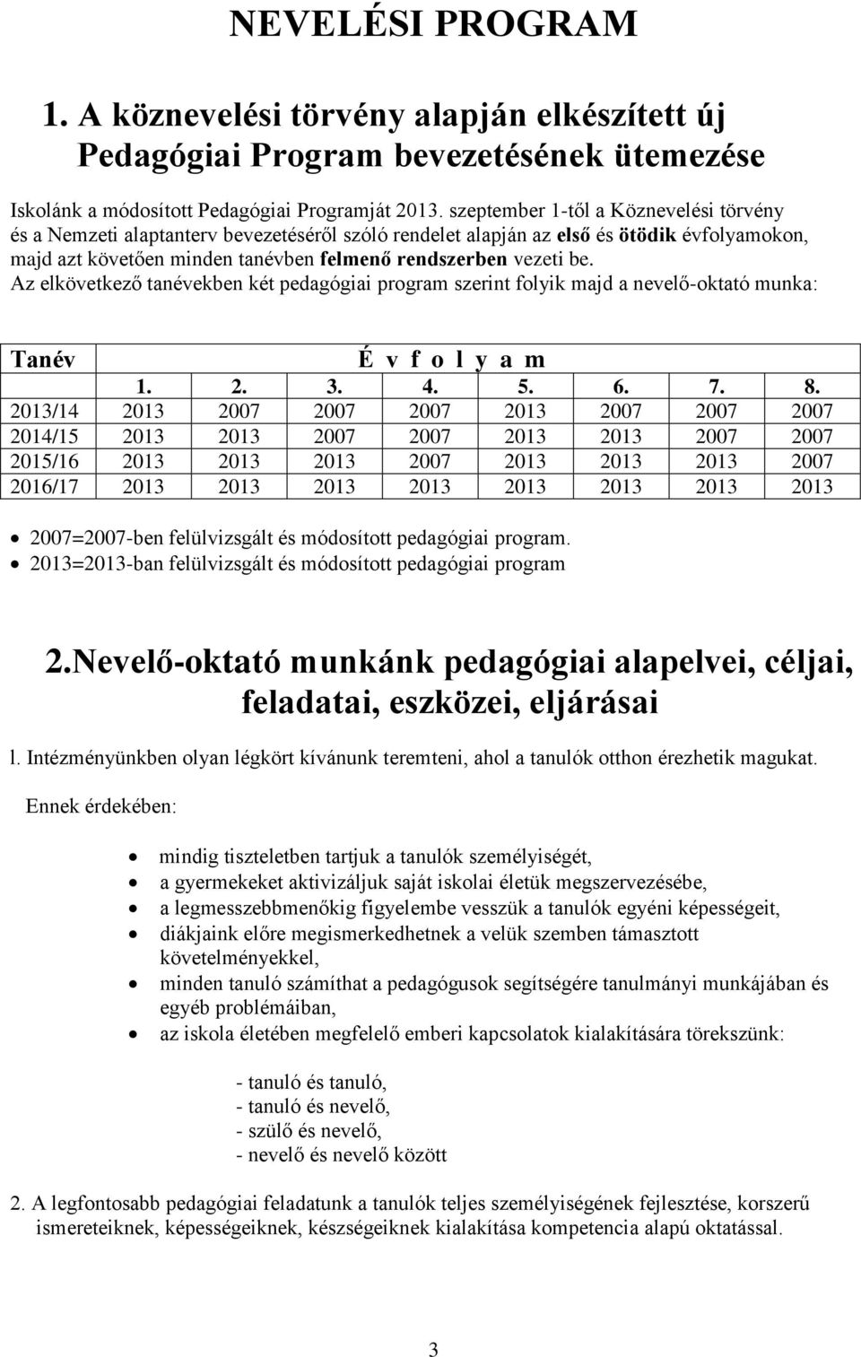 Az elkövetkező tanévekben két pedagógiai program szerint folyik majd a nevelő-oktató munka: Tanév É v f o l y a m 1. 2. 3. 4. 5. 6. 7. 8.