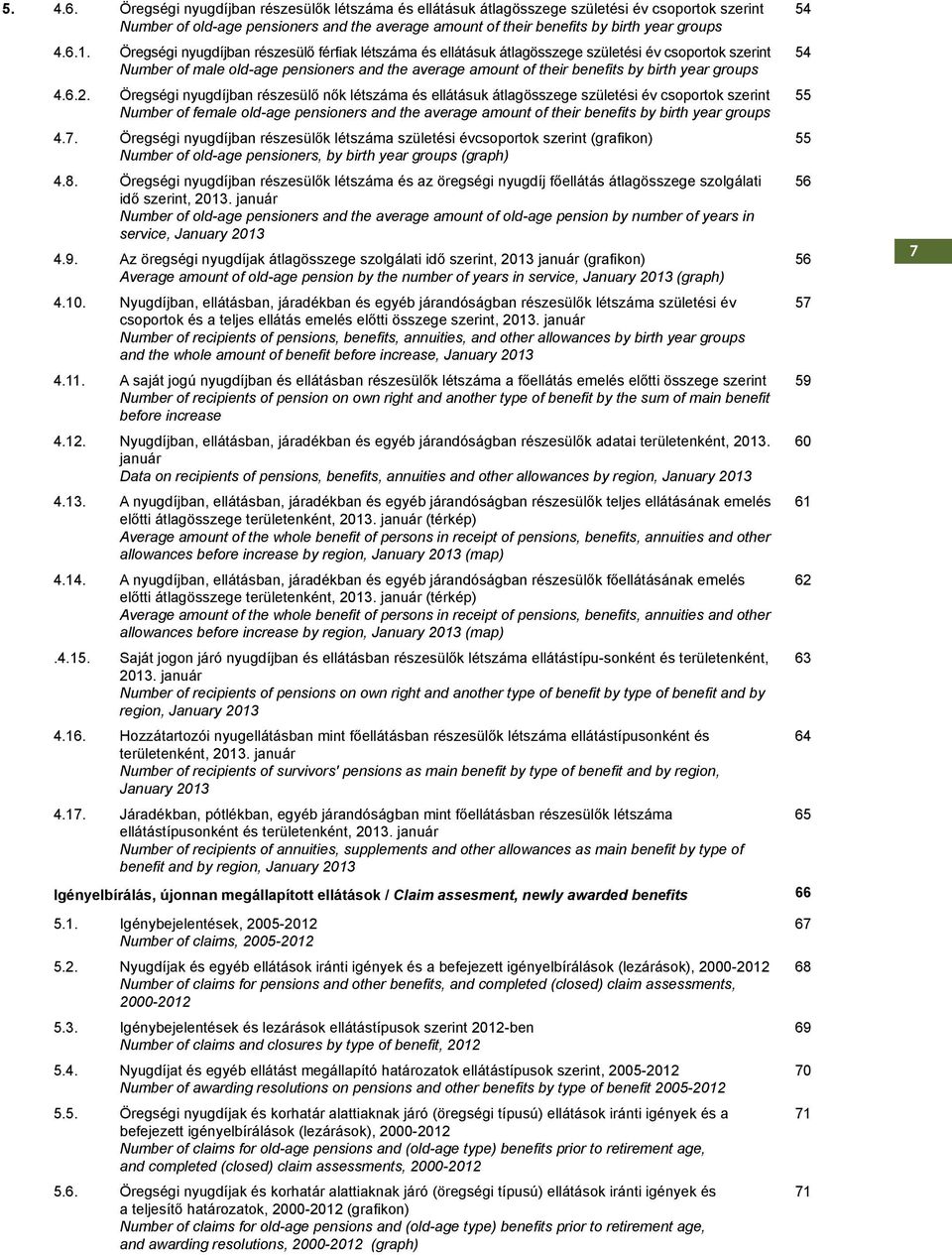 Öregségi nyugdíjban részesülő férfiak létszáma és ellátásuk átlagösszege születési év csoportok szerint 54 Number of male old-age pensioners and the average amount of their benefits by birth year