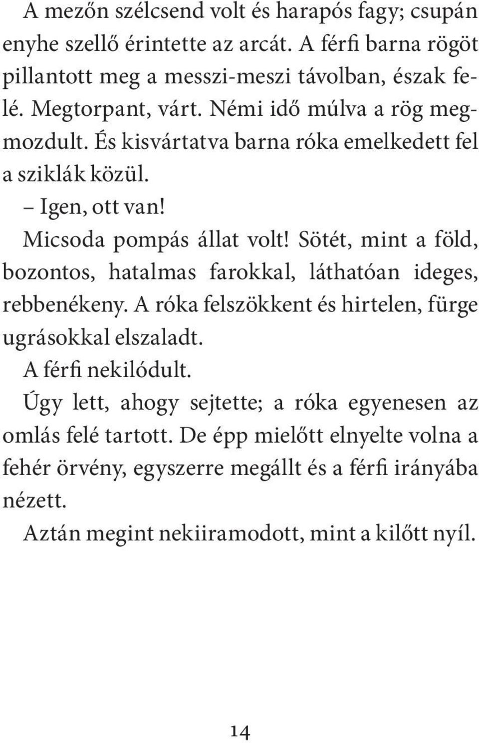 Sötét, mint a föld, bozontos, hatalmas farokkal, láthatóan ideges, rebbenékeny. A róka felszökkent és hirtelen, fürge ugrásokkal elszaladt. A férfi nekilódult.