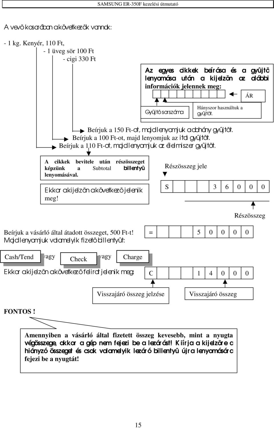 Beírjuk a 150 Ft-ot, majd l enyomj uk a dohány gyûjtõt. Beírjuk a 100 Ft-ot, majd lenyomjuk az ital gyûjtõt. Beírjuk a 110 Ft-ot, majd l enyomj uk az élelmiszer gyûjtõt.