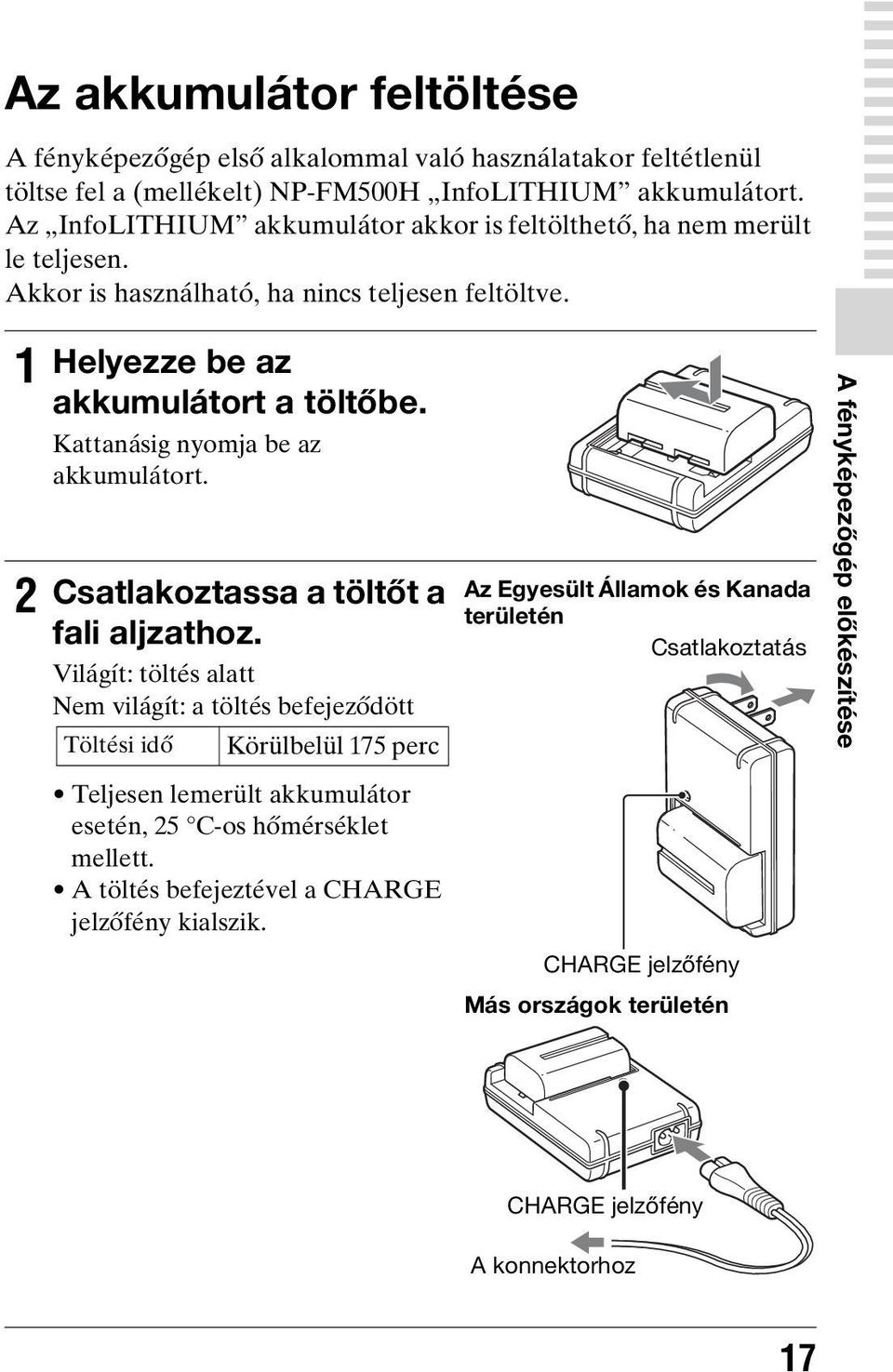 Kattanásig nyomja be az akkumulátort. Csatlakoztassa a töltőt a fali aljzathoz.