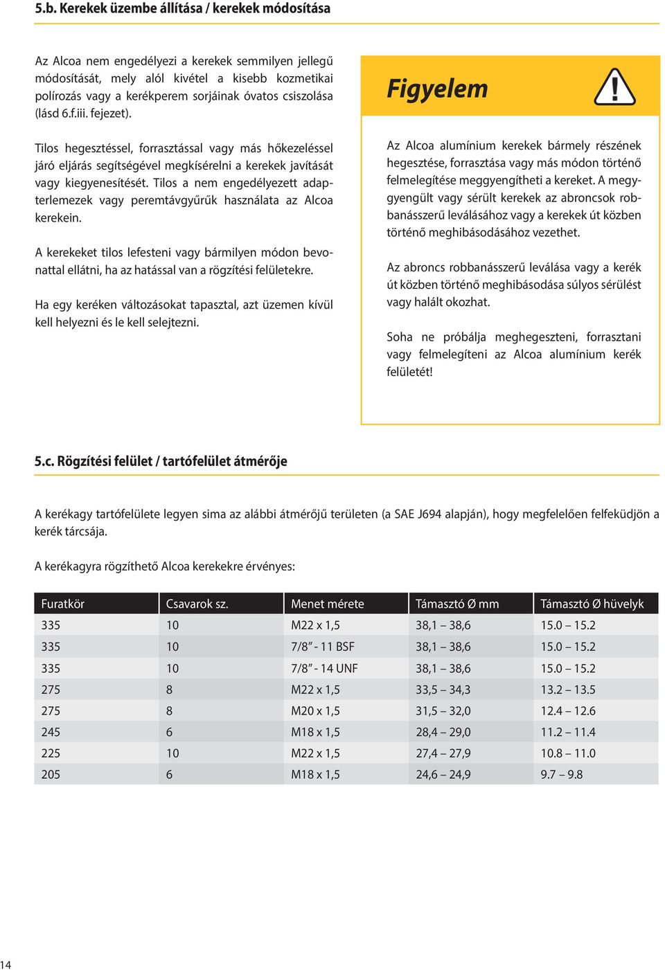 Tilos a nem engedélyezett adapterlemezek vagy peremtávgyűrűk használata az Alcoa kerekein.