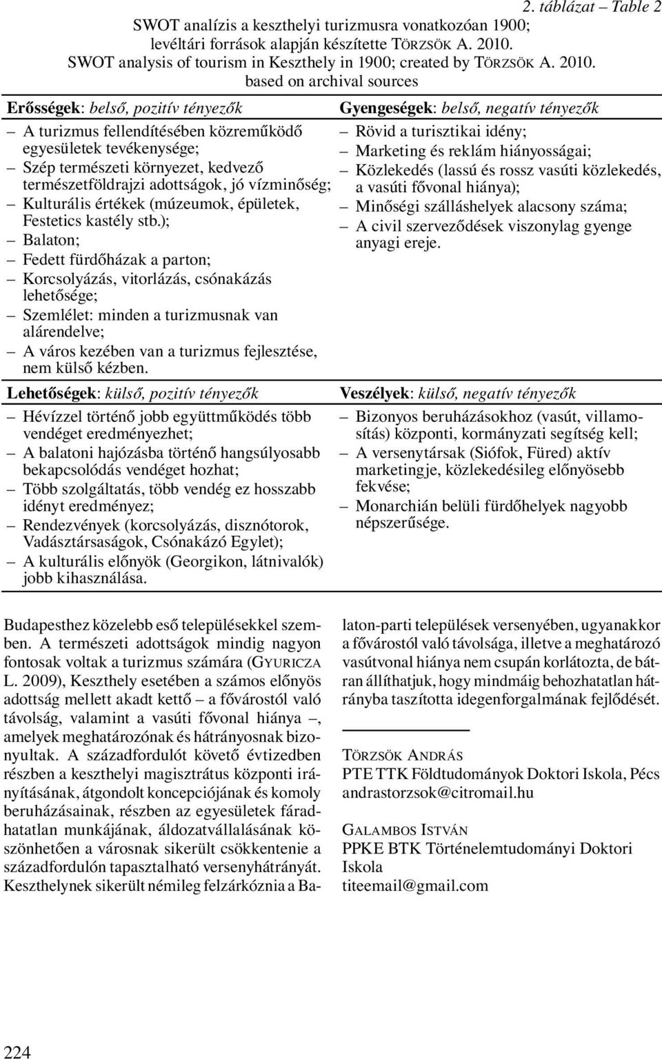 Marketing és reklám hiányosságai; Szép természeti környezet, kedvező Közlekedés (lassú és rossz vasúti közlekedés, természetföldrajzi adottságok, jó vízminőség; a vasúti fővonal hiánya); Kulturális