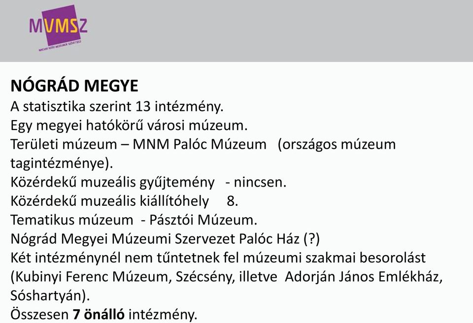 Közérdekű muzeális kiállítóhely 8. Tematikus múzeum - Pásztói Múzeum. Nógrád Megyei Múzeumi Szervezet Palóc Ház (?