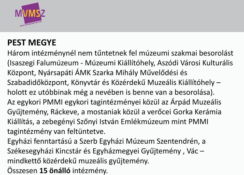 Az egykori PMMI egykori tagintézményei közül az Árpád Muzeális Gyűjtemény, Ráckeve, a mostaniak közül a verőcei Gorka Kerámia Kiállítás, a zebegényi Szőnyi István Emlékmúzeum mint