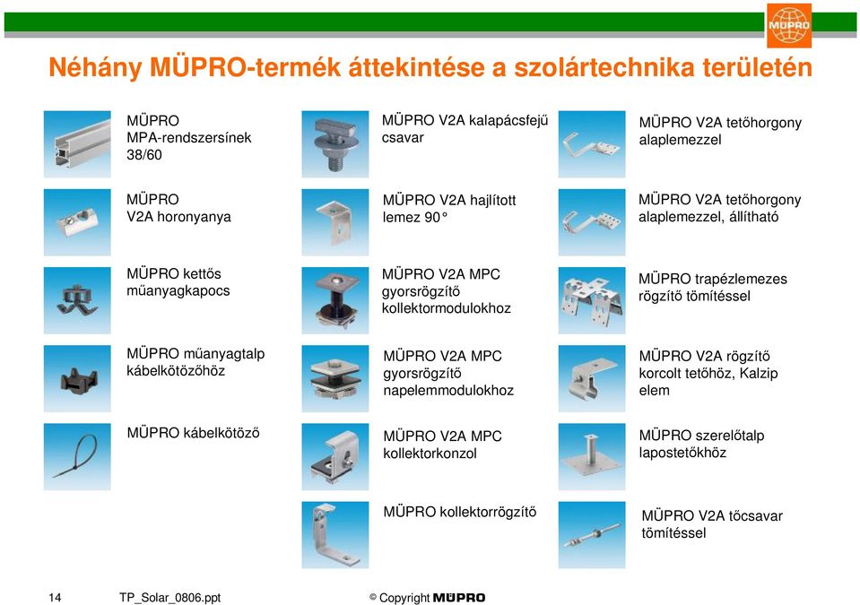 MÜPRO trapézlemezes rögzítő tömítéssel MÜPRO műanyagtalp kábelkötözőhöz MÜPRO V2A MPC gyorsrögzítő napelemmodulokhoz MÜPRO V2A rögzítő korcolt tetőhöz, Kalzip elem