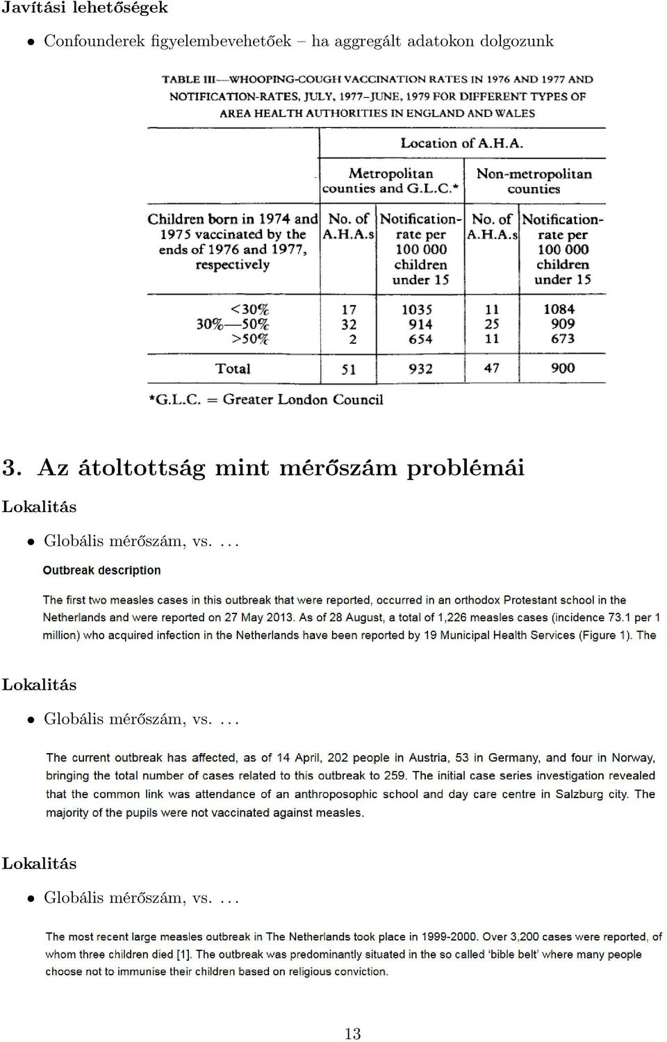 Az átoltottság mint mérőszám problémái Lokalitás Globális