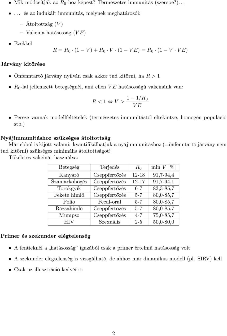 csak akkor tud kitörni, ha R > 1 R 0 -lal jellemzett betegségnél, ami ellen V E hatásosságú vakcinánk van: R < 1 V > 1 1/R 0 V E Persze vannak modellfeltételek (természetes immunitástól eltekintve,