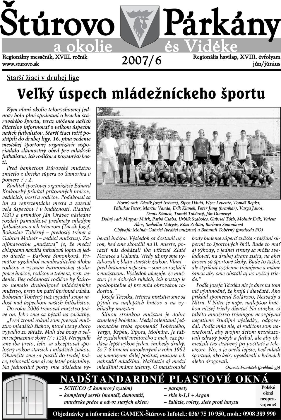 évfolyam jún/június Veľký úspech mládežníckeho športu Horný rad: Tácsik Jozef (tréner), Sipos Dávid, Elzer Levente, Tomáš Repka, Pálinkás Peter, Martin Vanda, Erik Kianek, Peter Jung (brankár), Varga