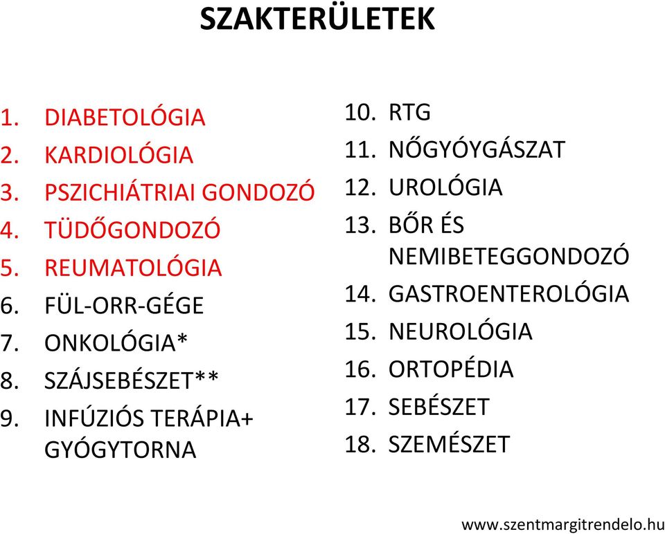 INFÚZIÓS TERÁPIA+ GYÓGYTORNA 10. RTG 11. NŐGYÓYGÁSZAT 12. UROLÓGIA 13.