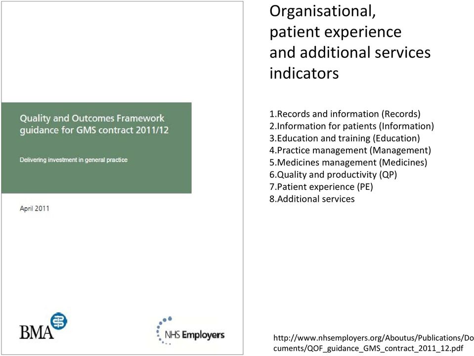 Practice management (Management) 5.Medicines management (Medicines) 6.Quality and productivity (QP) 7.