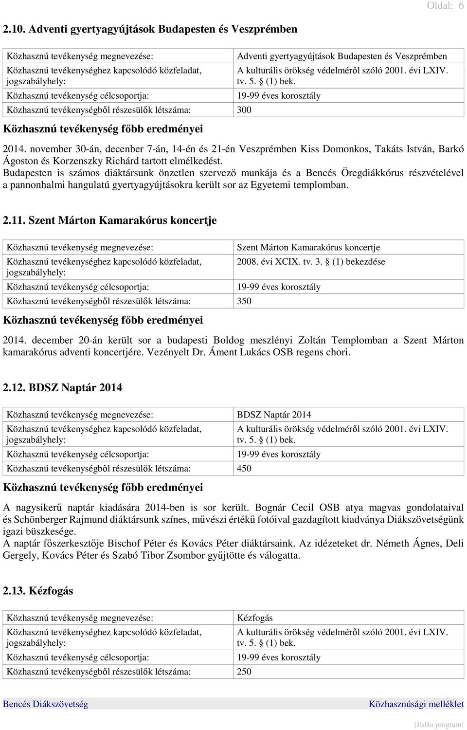 évi LIV. tv. 5. (1) bek. 2014. november 30-án, decenber 7-án, 14-én és 21-én Veszprémben Kiss Domonkos, Takáts István, Barkó Ágoston és Korzenszky Richárd tartott elmélkedést.