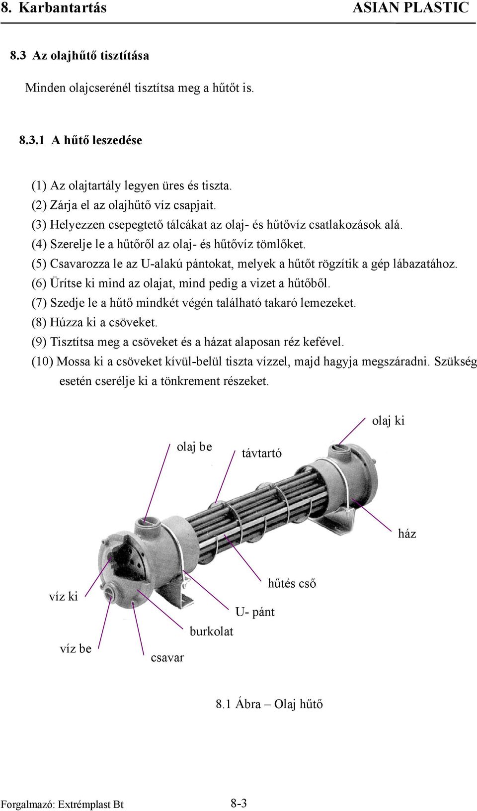 (5) Csavarozza le az U-alakú pántokat, melyek a hűtőt rögzítik a gép lábazatához. (6) Ürítse ki mind az olajat, mind pedig a vizet a hűtőből.