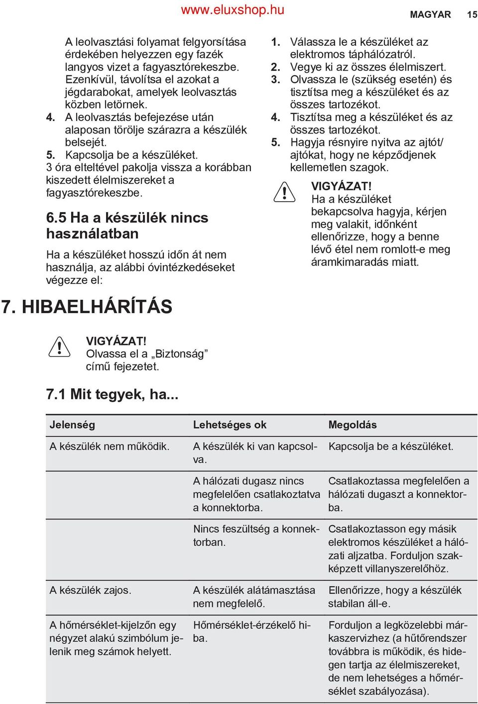 5 Ha a készülék nincs használatban Ha a készüléket hosszú időn át nem használja, az alábbi óvintézkedéseket végezze el: 7. HIBAELHÁRÍTÁS 1. Válassza le a készüléket az elektromos táphálózatról. 2.