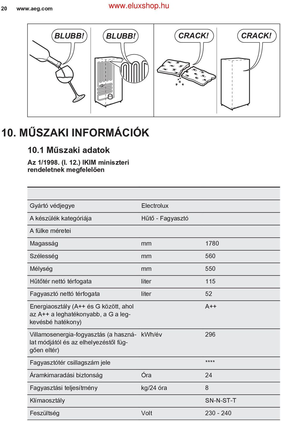 550 Hűtőtér nettó térfogata liter 115 Fagyasztó nettó térfogata liter 52 Energiaosztály (A++ és G között, ahol az A++ a leghatékonyabb, a G a legkevésbé hatékony)