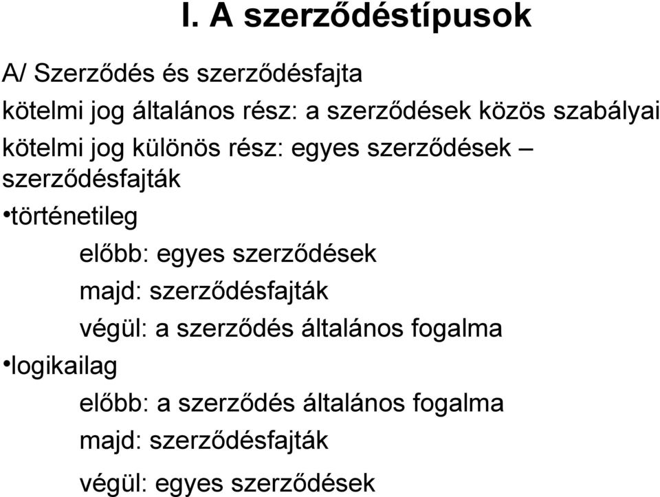 történetileg logikailag előbb: egyes szerződések majd: szerződésfajták végül: a szerződés