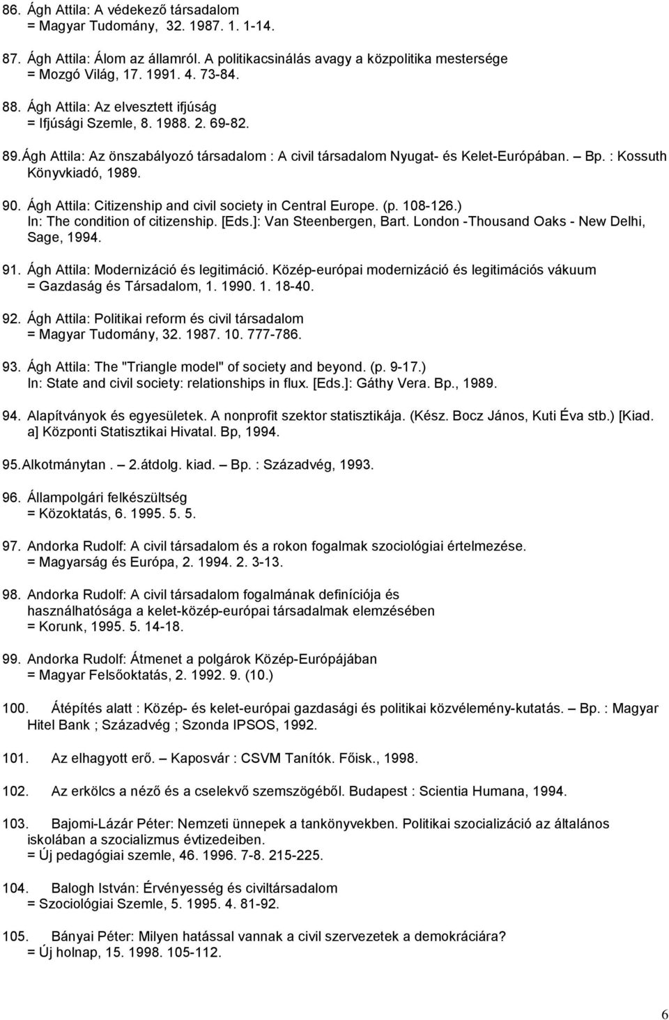 Ágh Attila: Citizenship and civil society in Central Europe. (p. 108-126.) In: The condition of citizenship. [Eds.]: Van Steenbergen, Bart. London -Thousand Oaks - New Delhi, Sage, 1994. 91.