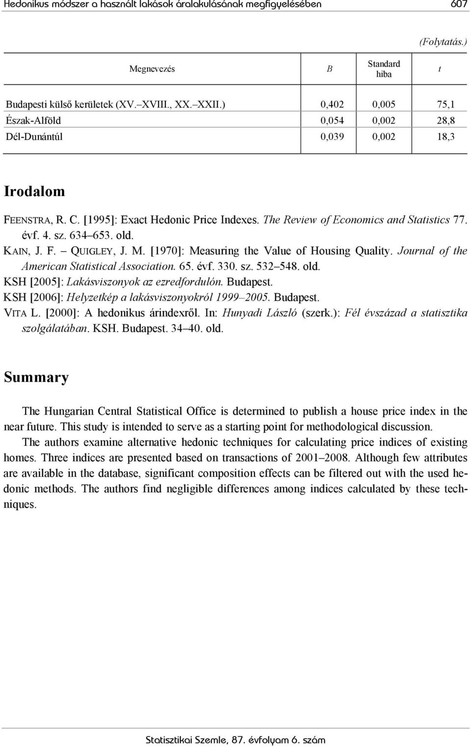 634 653. old. KAIN, J. F. QUIGLEY, J. M. [1970]: Measuring the Value of Housing Quality. Journal of the American Statistical Association. 65. évf. 330. sz. 532 548. old. KSH [2005]: Lakásviszonyok az ezredfordulón.