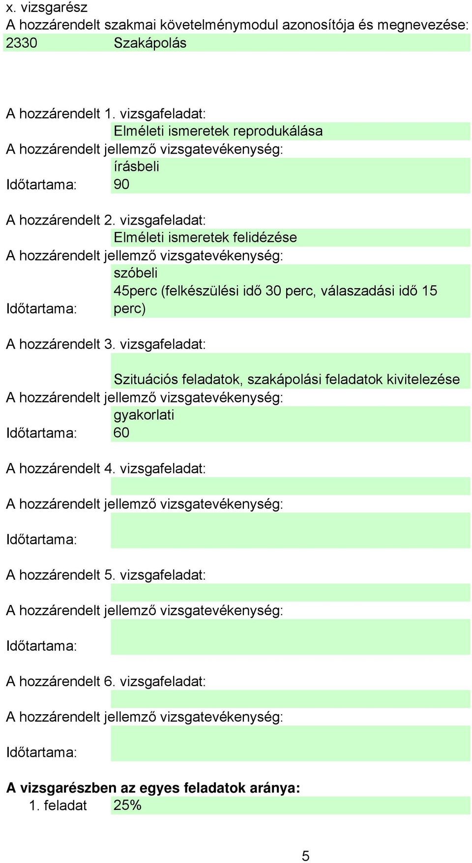 vizsgafeladat: Elméleti ismeretek felidézése szóbeli 45perc (felkészülési idő 30 perc, válaszadási idő 15 Időtartama: perc) A hozzárendelt 3.