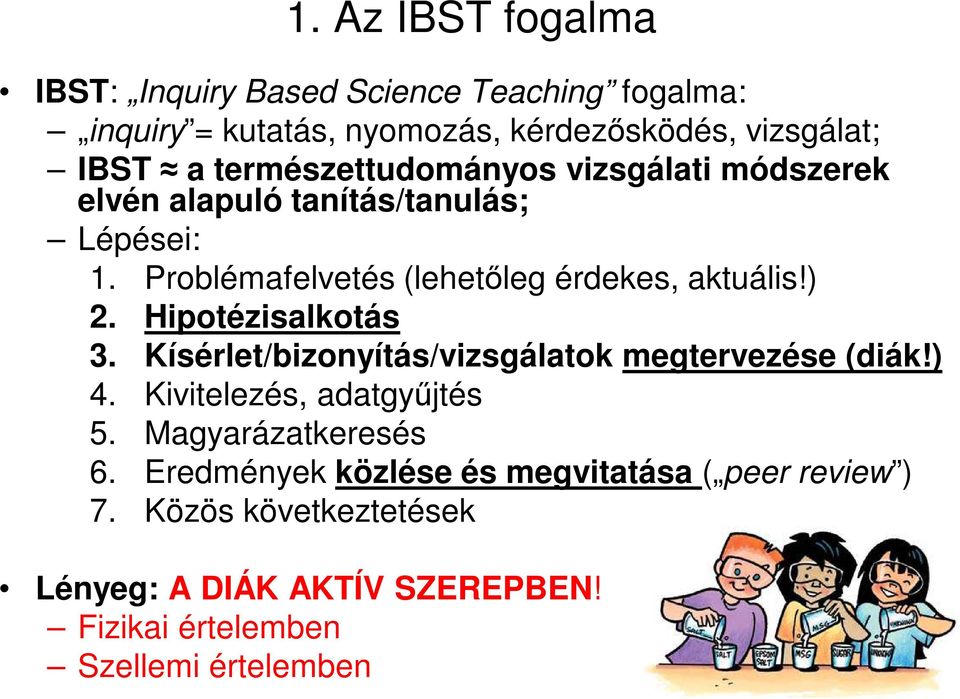 ) 2. Hipotézisalkotás 3. Kísérlet/bizonyítás/vizsgálatok megtervezése (diák!) 4. Kivitelezés, adatgyűjtés 5. Magyarázatkeresés 6.