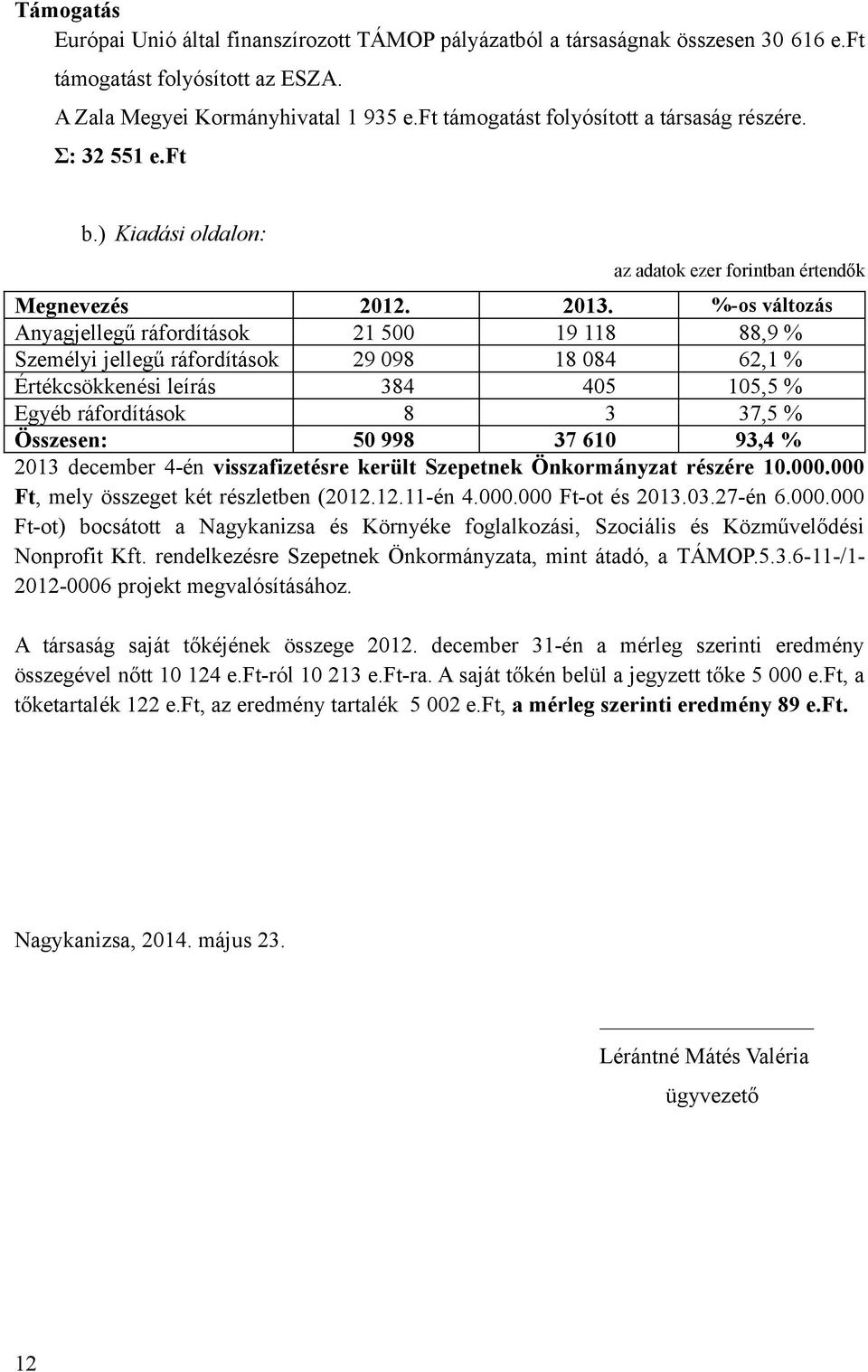 %-os változás Anyagjellegű ráfordítások 21 500 19 118 88,9 % Személyi jellegű ráfordítások 29 098 18 084 62,1 % Értékcsökkenési leírás 384 405 105,5 % Egyéb ráfordítások 8 3 37,5 % Összesen: 50 998