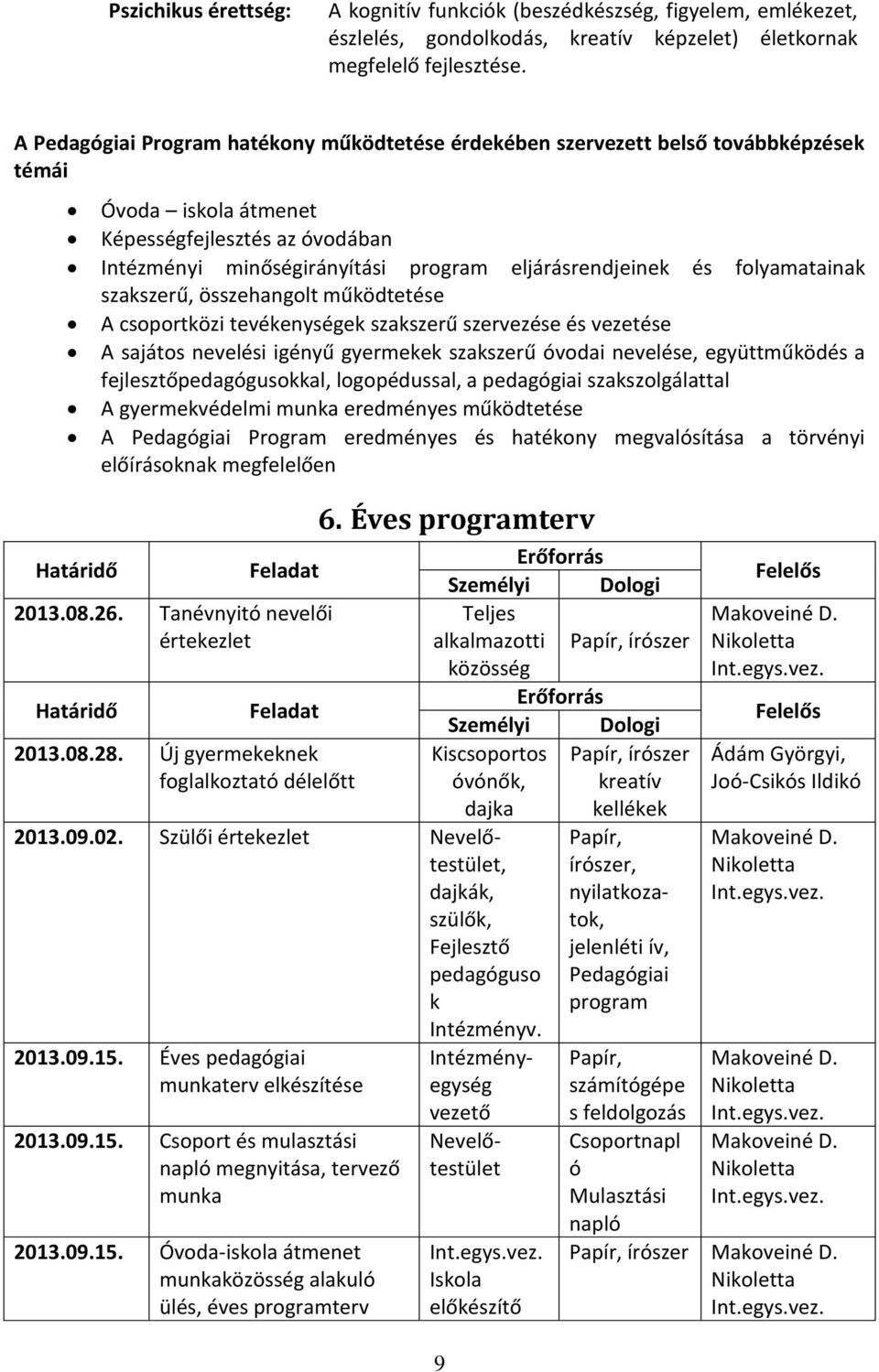 folyamatainak szakszerű, összehangolt működtetése A csoportközi tevékenységek szakszerű szervezése és vezetése A sajátos nevelési igényű gyermekek szakszerű óvodai nevelése, együttműködés a