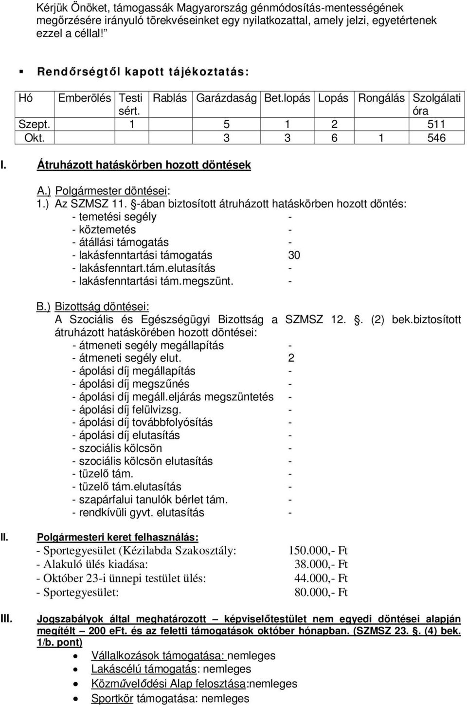 ) Polgármester döntései: 1.) Az SZMSZ 11.