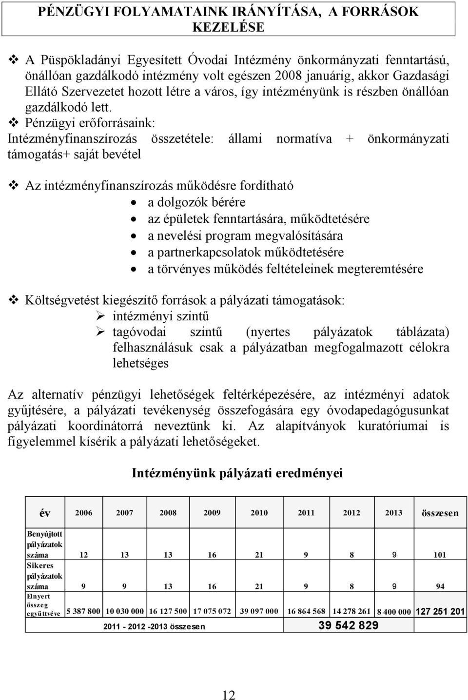 Pénzügyi erőforrásaink: Intézményfinanszírozás összetétele: állami normatíva + önkormányzati támogatás+ saját bevétel Az intézményfinanszírozás működésre fordítható a dolgozók bérére az épületek