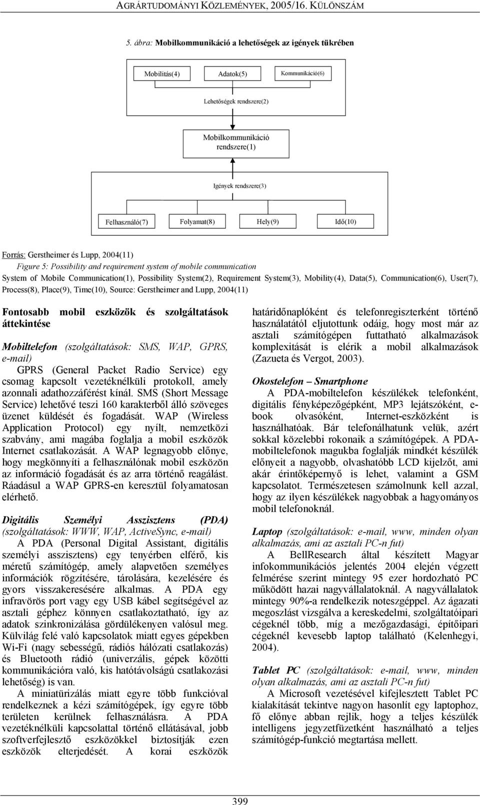 Requirement System(3), Mobility(4), Data(5), Communication(6), User(7), Process(8), Place(9), Time(10), Source: Gerstheimer and Lupp, 2004(11) Fontosabb mobil eszközök és szolgáltatások áttekintése