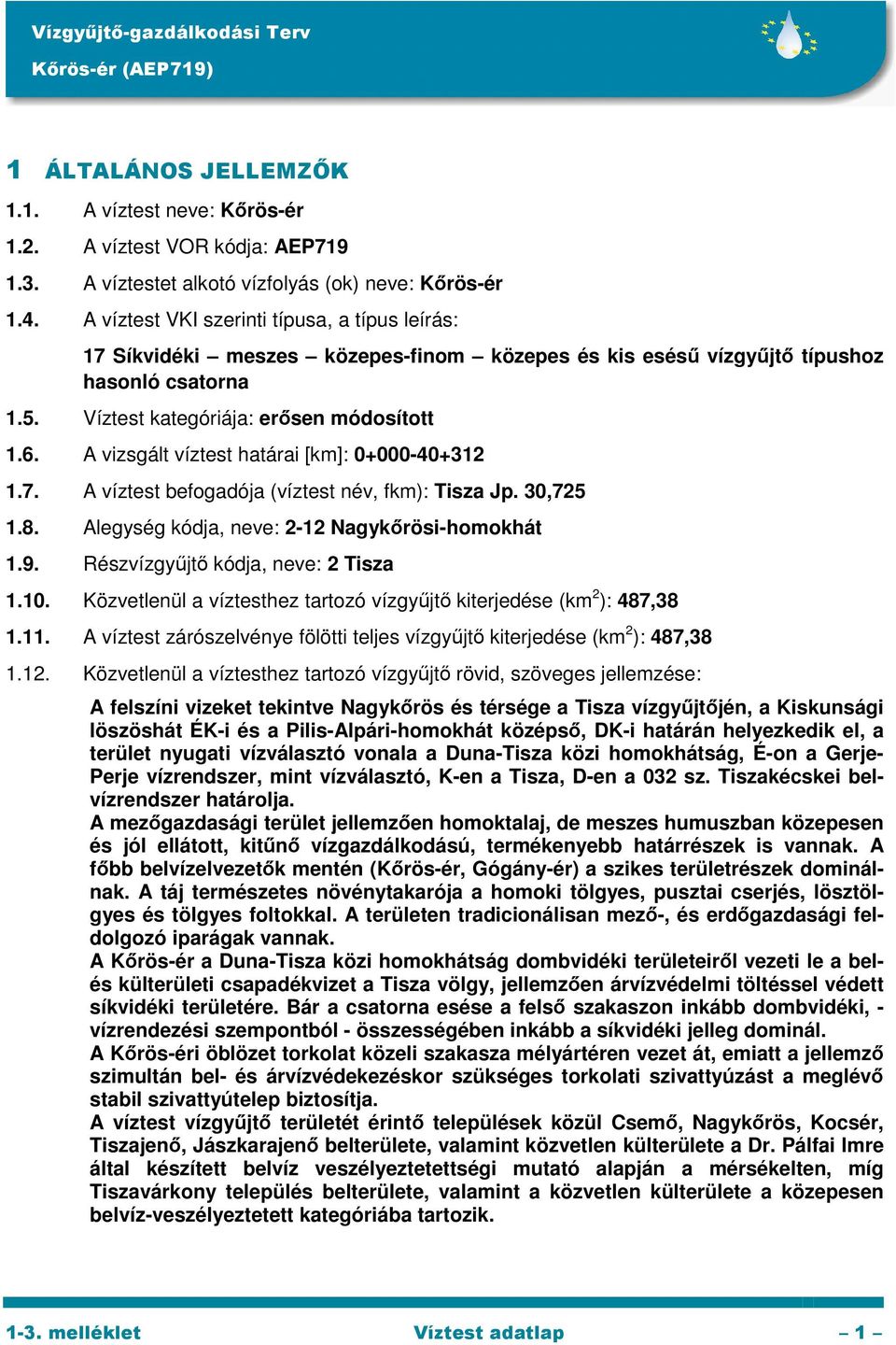 A vizsgált víztest határai [km]: 0+000-40+312 1.7. A víztest befogadója (víztest név, fkm): Tisza Jp. 30,725 1.8. Alegység kódja, neve: 2-12 Nagykőrösi-homokhát 1.9.