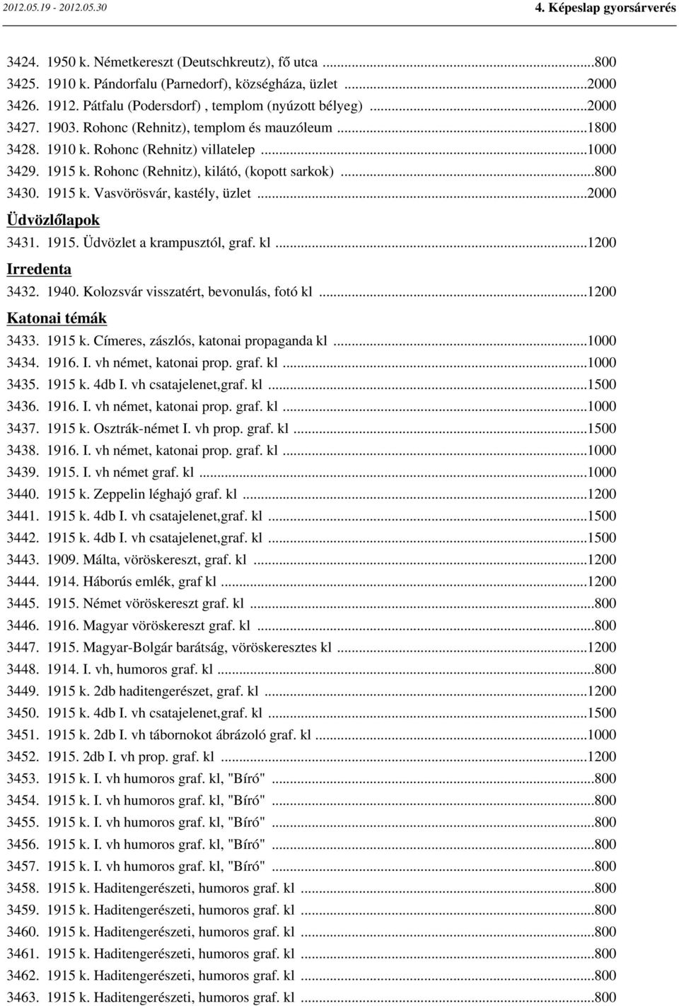 ..2000 Üdvözlőlapok 3431. 1915. Üdvözlet a krampusztól, graf. kl...1200 Irredenta 3432. 1940. Kolozsvár visszatért, bevonulás, fotó kl...1200 Katonai témák 3433. 1915 k.