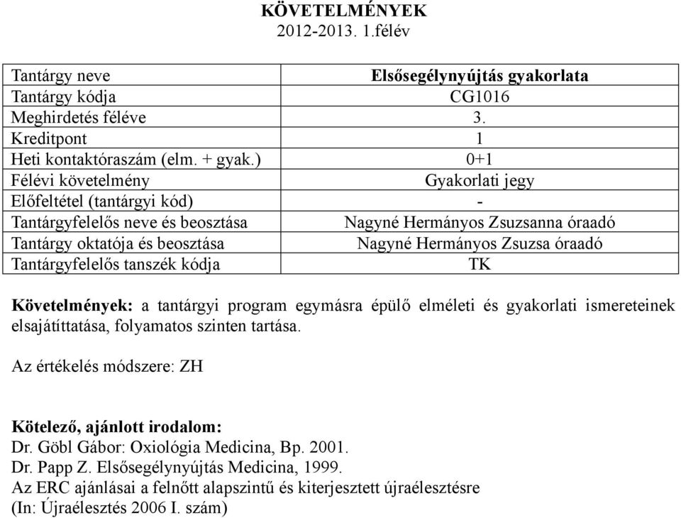 ismereteinek elsajátíttatása, folyamatos szinten tartása. Az értékelés módszere: ZH Dr.