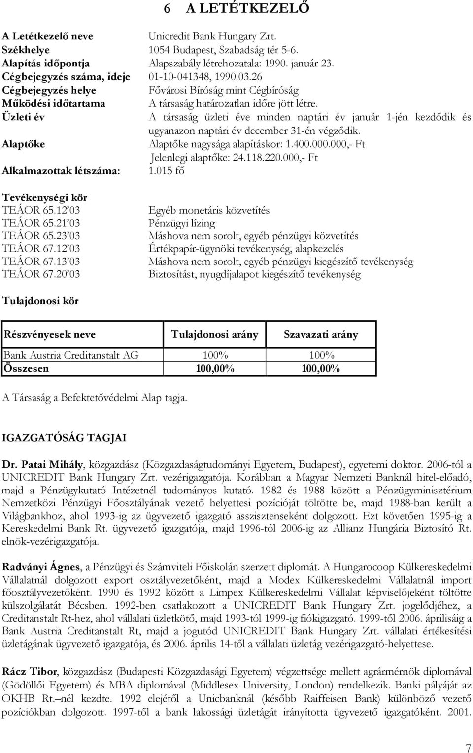 Üzleti év A társaság üzleti éve minden naptári év január 1-jén kezdődik és ugyanazon naptári év december 31-én végződik. Alaptőke Alaptőke nagysága alapításkor: 1.400.000.