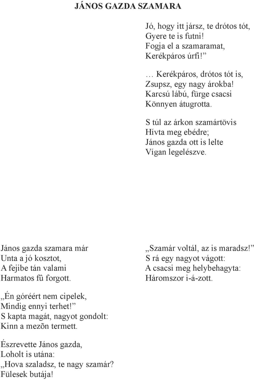 János gazda szamara már Szamár voltál, az is maradsz! Unta a jó kosztot, S rá egy nagyot vágott: A fejibe tán valami A csacsi meg helybehagyta: Harmatos fû forgott.