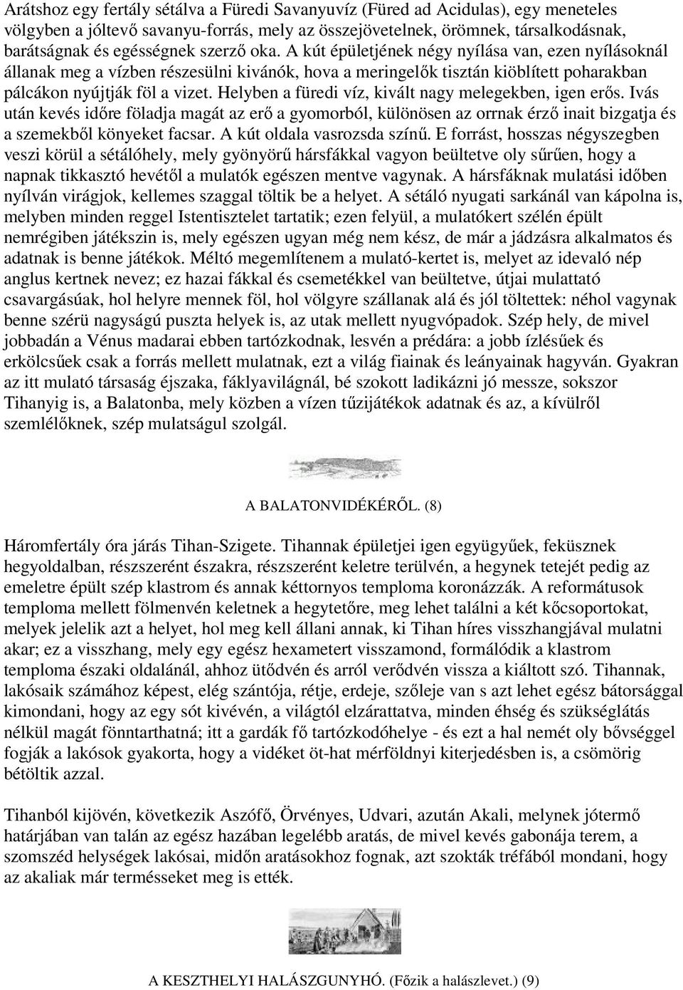 Helyben a füredi víz, kivált nagy melegekben, igen erős. Ivás után kevés időre föladja magát az erő a gyomorból, különösen az orrnak érző inait bizgatja és a szemekből könyeket facsar.