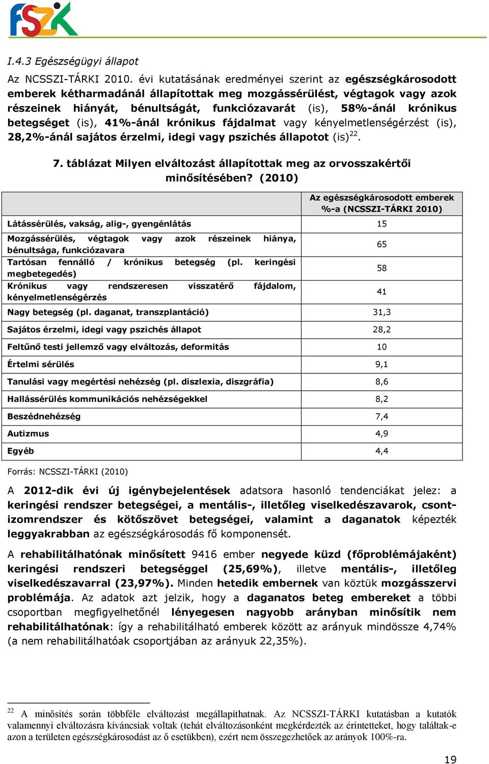 krónikus betegséget (is), 41%-ánál krónikus fájdalmat vagy kényelmetlenségérzést (is), 28,2%-ánál sajátos érzelmi, idegi vagy pszichés állapotot (is) 22. 7.