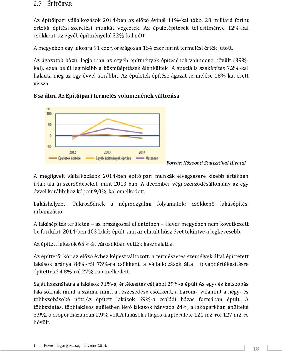 Az ágazatok közül legjobban az egyéb építmények építésének volumene bővült (39% kal), ezen belül leginkább a közműépítések élénkültek A speciális szaképítés 7,2% kal haladta meg az egy évvel korábbit.