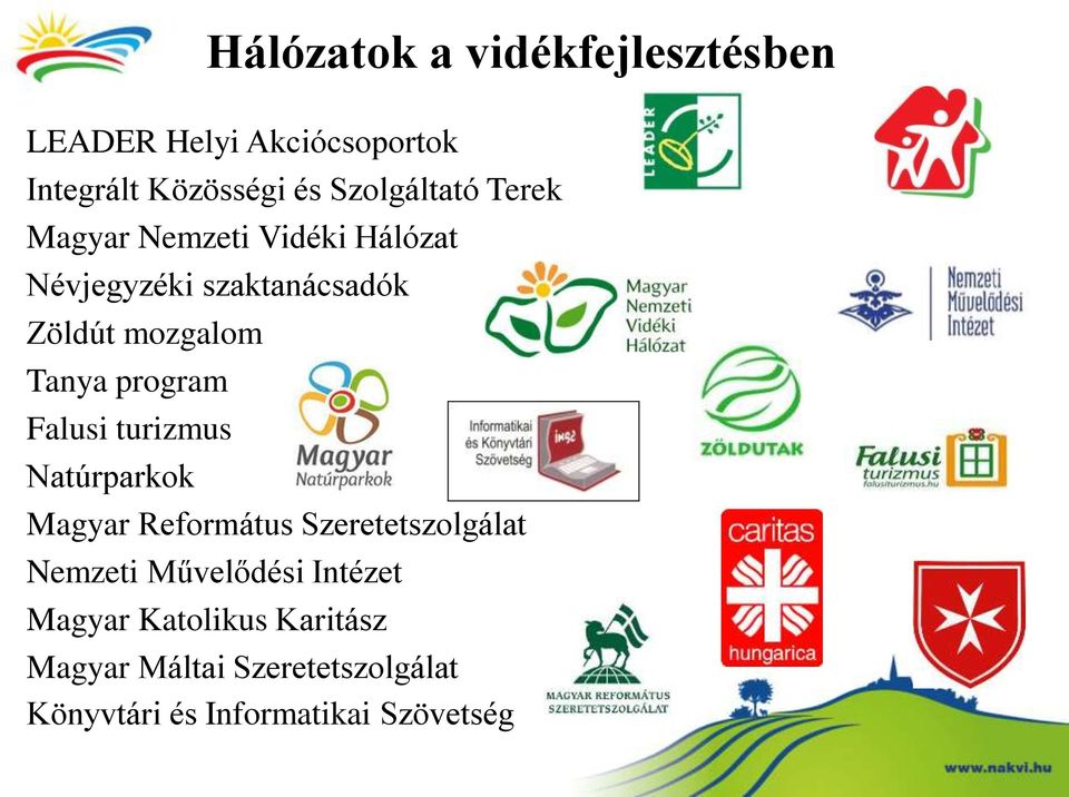 Hálózatok a vidékfejlesztésben Magyar Református Szeretetszolgálat Nemzeti Művelődési
