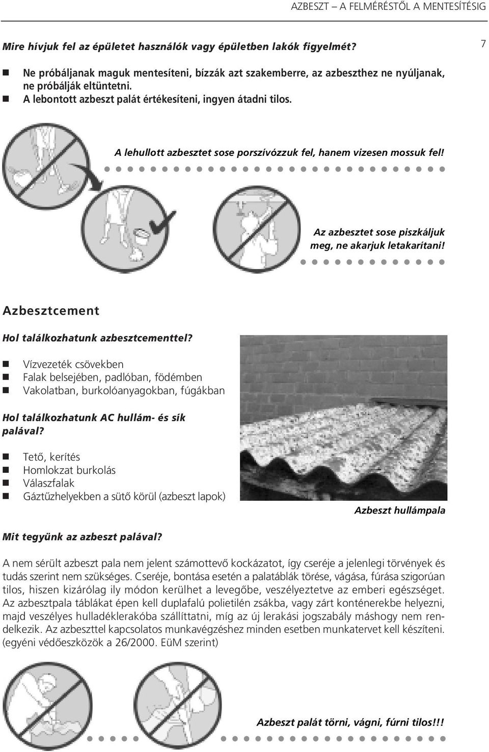 Azbesztcement Hol találkozhatunk azbesztcementtel? Vízvezeték csövekben Falak belsejében, padlóban, födémben Vakolatban, burkolóanyagokban, fúgákban Hol találkozhatunk AC hullám- és sík palával?