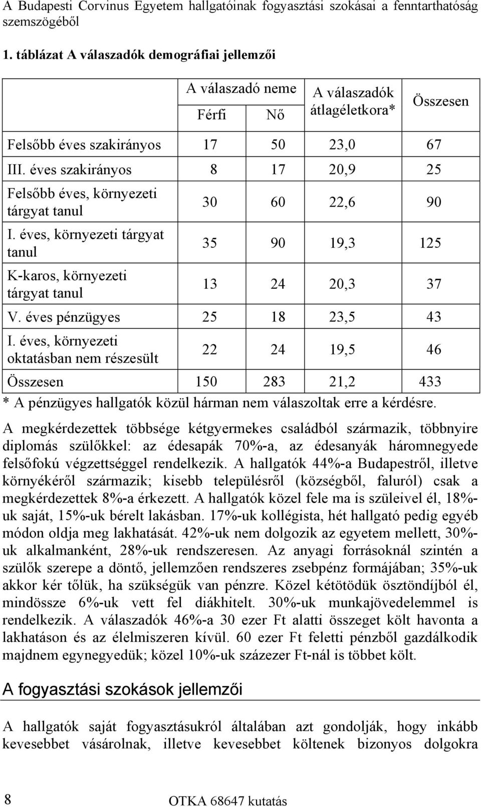 éves szakirányos 8 17 20,9 25 Felsőbb éves, környezeti tárgyat tanul I. éves, környezeti tárgyat tanul K-karos, környezeti tárgyat tanul 30 60 22,6 90 35 90 19,3 125 13 24 20,3 37 V.