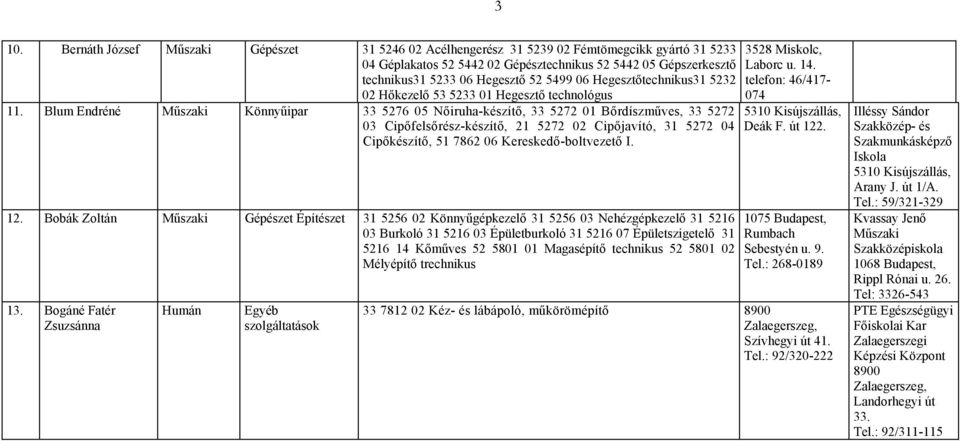 Blum Endréné Műszaki Könnyűipar 33 5276 05 Nőiruha-készítő, 33 5272 01 Bőrdíszműves, 33 5272 03 Cipőfelsőrész-készítő, 21 5272 02 Cipőjavító, 31 5272 04 Cipőkészítő, 51 7862 06 Kereskedő-boltvezető I.