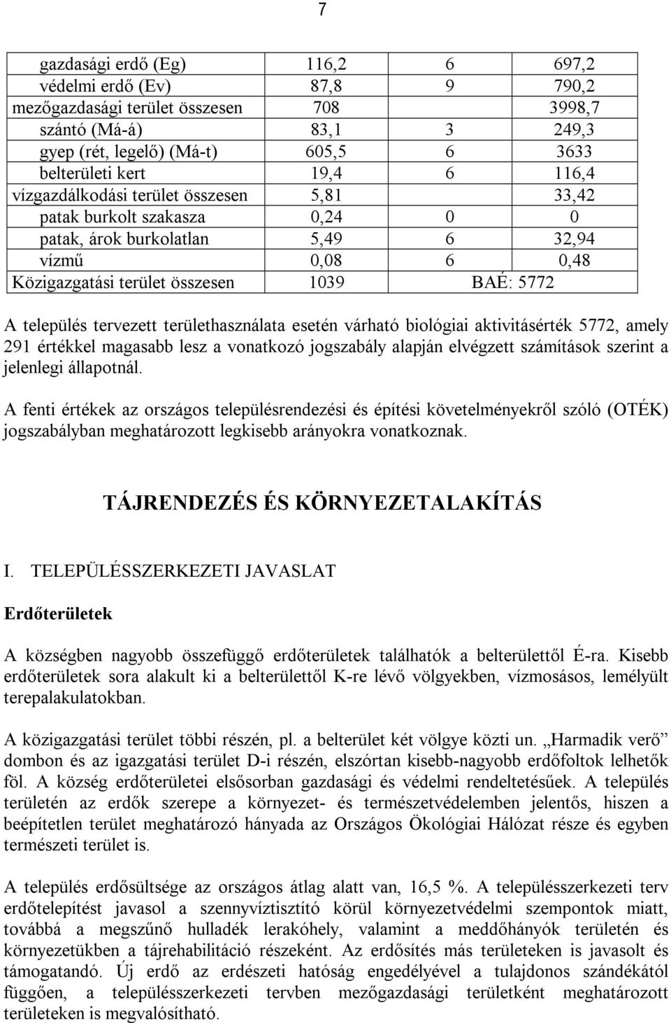 tervezett területhasználata esetén várható biológiai aktivitásérték 5772, amely 291 értékkel magasabb lesz a vonatkozó jogszabály alapján elvégzett számítások szerint a jelenlegi állapotnál.