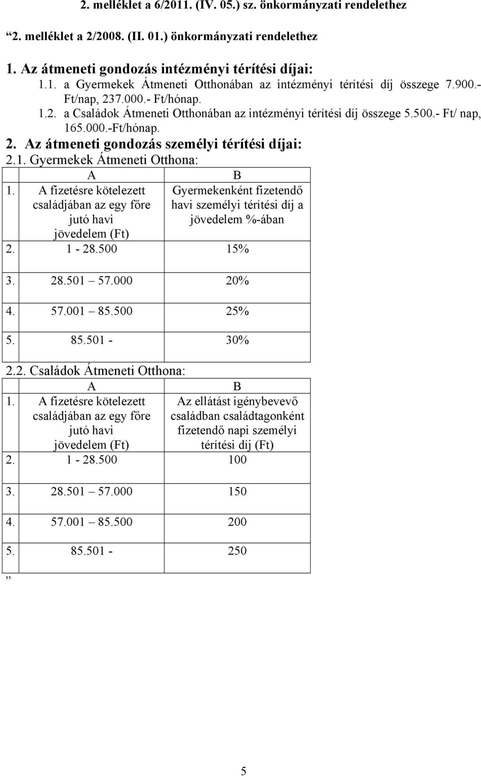 A fizetésre kötelezett családjában az egy főre jutó havi jövedelem (Ft) B Gyermekenként fizetendő havi személyi térítési díj a jövedelem %-ában 2. 1-28.500 15% 3. 28.501 57.000 20% 4. 57.001 85.